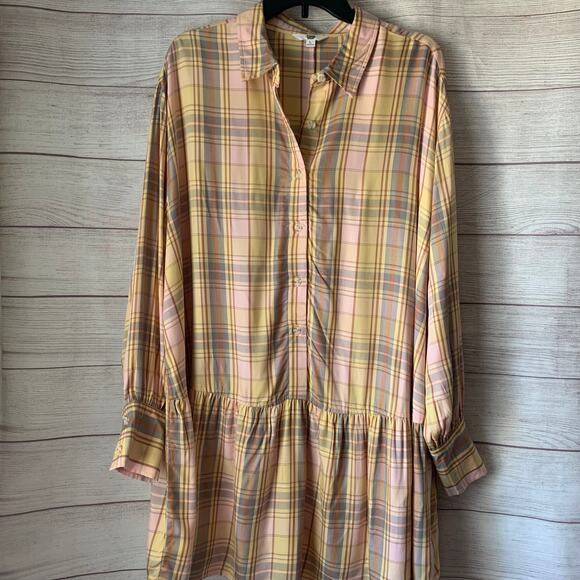Ascot and Hart Yellow Pink Plaid Dress Button Up Front Collar Long Sleeves Large - Picture 1 of 16